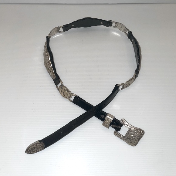 Western Silver Filigree and Black Leather Belt Made in 1995 - Picture 5 of 15